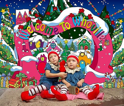 Welcome to Whoville Backdrop 10x8FT Winter Christmas Village Photography Background for Kids First Birthday Baby Shower Happy New Year Xmas Holiday Party Decoration Supplies Photo Props - size: 10x8FT