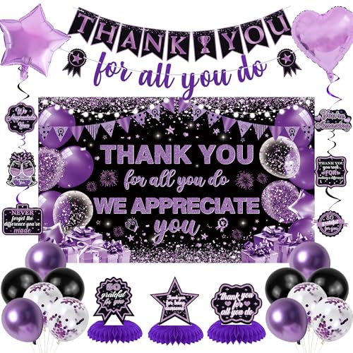 Vlipoeasn We Appreciate You Banner Decorations, Black Purple Thank You for All You Do Backdrop Banner Honeycomb, Retirement Office Decor Staff Teachers Professors Doctor Nurses Appreciation - style: Purple