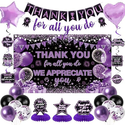 Vlipoeasn We Appreciate You Banner Decorations, Black Purple Thank You for All You Do Backdrop Banner Honeycomb, Retirement Office Decor Staff Teachers Professors Doctor Nurses Appreciation - style: Purple