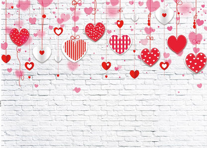 7x5ft Valentine's Day Backdrop White Brick Wall Red Hearts Photography Background for Mother's Day Wedding Bridal Shower Birthday Party Decor Banner Portrait Photo Booth Props 088 - size: 7x5ft