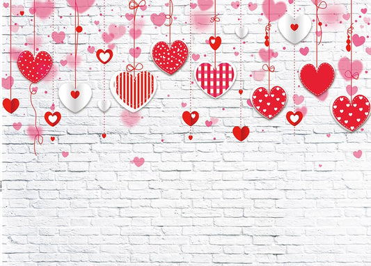 7x5ft Valentine's Day Backdrop White Brick Wall Red Hearts Photography Background for Mother's Day Wedding Bridal Shower Birthday Party Decor Banner Portrait Photo Booth Props 088 - size: 7x5ft