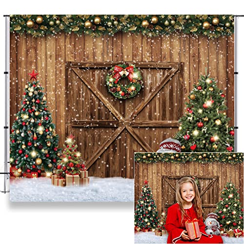Christmas Backdrops for Photography Merry Christmas Background LFEEY 10x8ft Rustic Wood Door Winter Snowflake Christmas Tree Photo Background Xmas Party Backdrop Kids Family Portrait Photoshoot Props