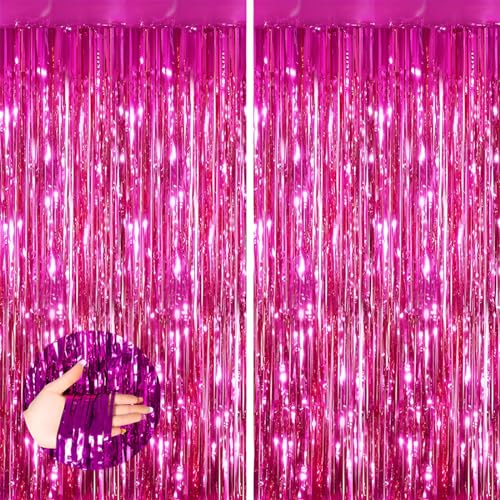 Valentines Day 2 Pack 3.3 * 8.3 ft Foil Curtain Metallic Tinsel Fringe Curtains Photo Booth Props Backdrop for Birthday Wedding Engagement Baby Shower Christmas Holiday Celebration Partyl,Hot Pink - color: Hot Pink, size: 2 Pack