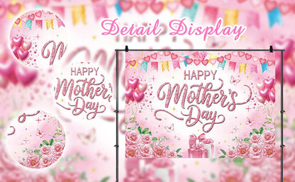 Happy Mother's Day Backdrop 8x6ft Pink Rose Floral Polyester Photography Background for Party Photo Booth Studio Banner Photoshoot Decoration - size: 8x6FT