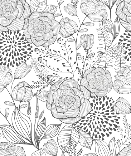 Wudnaye Black and White Floral Wallpaper Peel and Stick Floral Contact Paper 17in×196.8in Flower Black White Self Adhesive Wall Paper for Bathroom Waterproof Removable Wallpapers Cabinets Decorative - color: Dark Gray, size: 17" x 196.8"