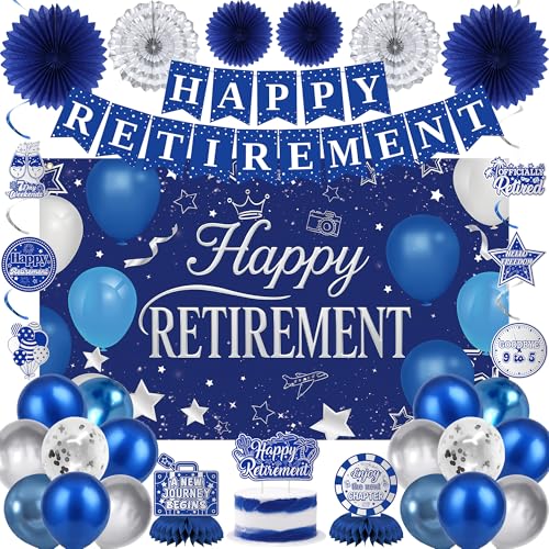 Holkcog Blue Retirement Party Decorations for Women, Silver Blue Happy Retired Banner Backdrop Paper Fan Hanging Swirls for Coworker, I'm Retired Cake Top & Honeycomb Set, Great for Retiring Women - style: Blue