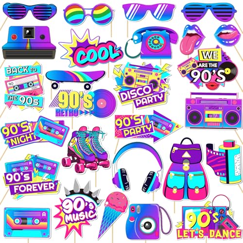 90's Photo Booth Props, 27Pcs 90s Theme Party Decorations, Disco Music Hip Hop Photo Booth Props for 1990s Party Decorations
