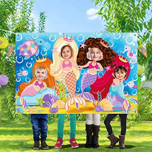 Mermaid Backdrop 5 x 3.3 ft, Mermaid Face in Hole Party Selfie Photo Prop, Mermaid Birthday Photography Background, Under The Sea Party Decoration Photo Booth Props Multicolor