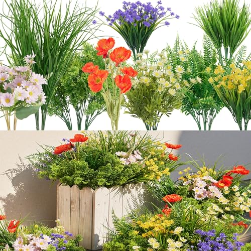 23Pcs Outdoor Artificial Boxwood UV Resistant Fake Stems Plants, Faux Plastic Greenery for Indoor Outside Hanging Plants Garden Porch Window Box Home Wedding Farmhouse Décor - color: Spring