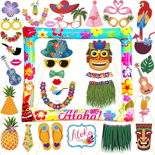 37 PCS Hawaiian Luau Photo Booth Props Set, LMSHOWOWO Inflatable Aloha Photo Booth Frame, Funny Summer Selfie Props for Hawaiian Party Decorations Tropical Luau Tiki Summer Pool Beach Party Supplies - color: Hawaii Aloha