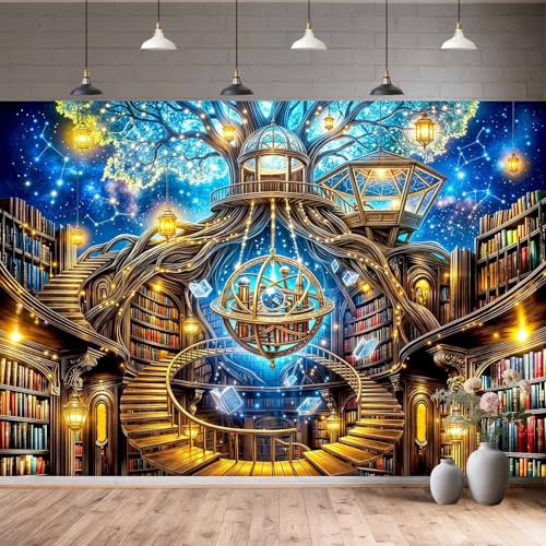 15X10ft Magic Library Photography Backdrop, Fantasy Tree Library with Armillary Sphere Starry Sky Background, Enchanted Bookstore Decor for Book Lovers Reading Birthday Party Photo Booth - color: Multi3, size: 15x10ft