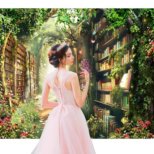 Fairy Woodland Library Backdrop 5Wx3H Feet Enchanted Garden Tale Reading Bookshelf Green Floral Plant Polyester Fabric Magic Nature Photography Backgrounds Photo Shoot Decor Props Decoration - color: A-Fairy03, size: 5Wx3H