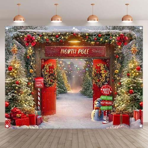 8x6ft Fabric Christmas Backdrop Winter Forest Wooden Barn Door North Pole Snowy Xmas Tree Photography Background Family Holiday Party Decor Photo Props - size: 8'x6'