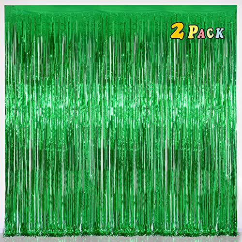 Melsan Green Fringe Backdrop Tinsel Foil Curtains for Dinosaur Jungle Birthday Party Decorations, 3.2ft x 8ft Streamer Photo Backdrop for Christmas, Football Event, Pack of 2 - color: Green, size: 3.2 x 8 ft