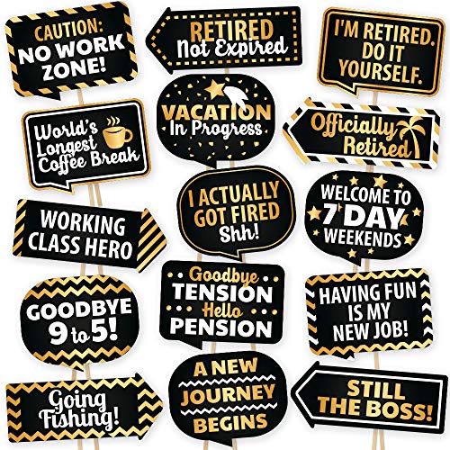 PartyGraphix Retirement Photo Booth Props - European Made Retirement Party Supplies - Easy to Assemble Selfie Props - Decorations Kit Includes 15 Pieces