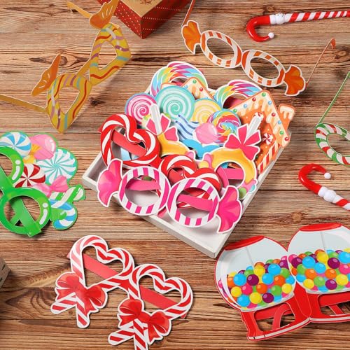 Pajean 36 Pcs Candy Party Decorations Candy Photo Booth Prop Christmas Eyeglasses Paper Glasses Frame Lollipop Themed Favor for Christmas Birthday Baby Shower Party Supplies - style: Candy