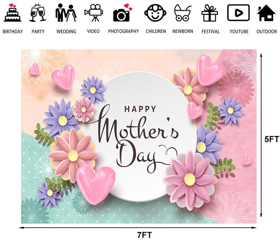 7x5ft Happy Mother's Day Backdrops Thanks Mother Party Photoshoot Backdrops Mom's Day Party Decorations Banner Backdrop Mother's Day Birthday Party Background 138 - size: 7x5ft