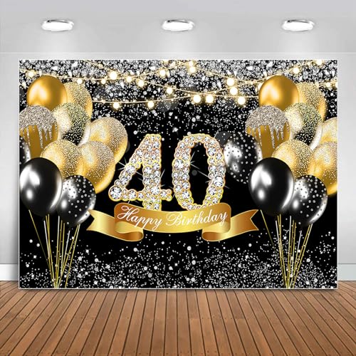 Sensfun Happy 40th Birthday Backdrop Black and Gold Birthday Party Decorations Glitter Balloons Photography Background for Men Womens Fabulous 40th Bday Sign Supplies Forty Years Old Cake Banner 7x5ft - color: Black and Gold Diamond 40 Birthday, size: 7X5