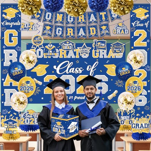 Graduation Decorations Class of 2026 Blue and Gold Graduation Decorations with Congrats Grad Banner,Backdrop,Porch Sign,Balloons,Hanging Swirls,Honeycomb Centerpieces,Box for Graduation Party Supplies - color: Blue