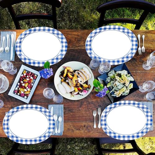 50Pcs Blue and White Gingham Oval Paper Plates 10" x 12" Large Blue Gingham Checkered Plaid Plates Disposable Heavy Duty Oktoberfest Plate for Oktoberfest Holiday Picnic BBQ Birthday Party Decorations - style: Blue Gingham Oval Plates