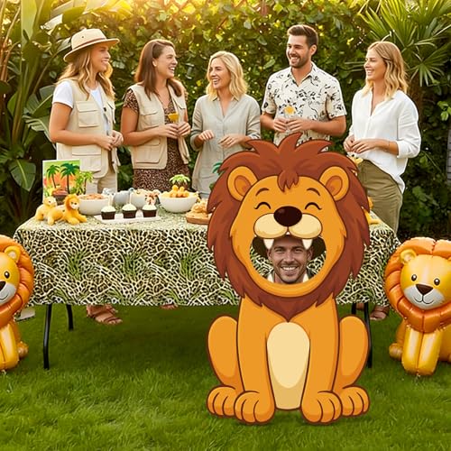 Capoda Jungle Safari Face in a Hole Photo Booth Props Life Size Safari Animal Stand Up Cardboard Cutout Jungle Photography Decor for Zoo Animal Lion Giraffe Theme Birthday Supplies(Lion) - style: Lion