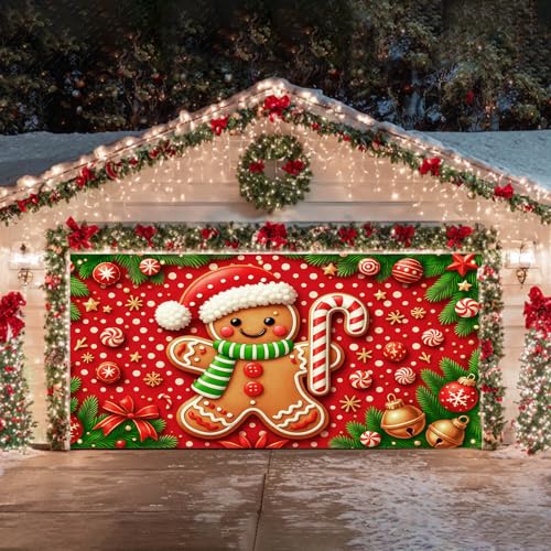 HOMETITUTE Christmas Garage Door Cover 13x6ft Gingerbread Man Banner Candy Cane Bells Stars Holiday Backdrop Red White Dot Background Gift Boxes Green Pine Branches Outdoor Indoor Seasonal - color: Garage Banner#8
