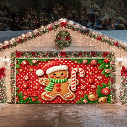 HOMETITUTE Christmas Garage Door Cover 13x6ft Gingerbread Man Banner Candy Cane Bells Stars Holiday Backdrop Red White Dot Background Gift Boxes Green Pine Branches Outdoor Indoor Seasonal - color: Garage Banner#8