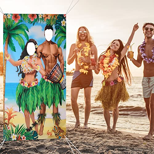 Tudomro 6 x 4 ft Hawaiian Photo Props Banner Tropical Luau Tiki Couple Door Banner Aloha Party Decorations Fabric Luau Photo Booth Background Aloha Tiki Backdrop for Beach Party - style: Hawaii