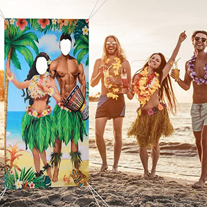 Tudomro 6 x 4 ft Hawaiian Photo Props Banner Tropical Luau Tiki Couple Door Banner Aloha Party Decorations Fabric Luau Photo Booth Background Aloha Tiki Backdrop for Beach Party - style: Hawaii