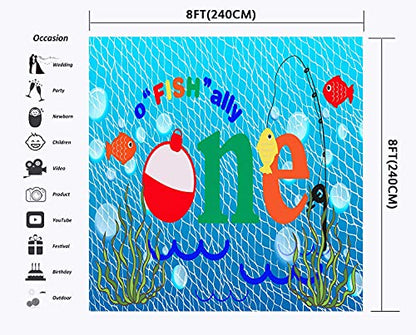 Gone Fishing 1st Birthday Party Customized Photography Backdrop, 8x8FT, O Fish Ally Blue Fishing Nets Bubbles Background, Photo Booth Studio Props BJYYLU358 - size: vinyl-8x8ft