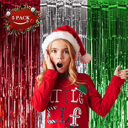 LOLStar 5 Pack Christmas Foil Fringe Curtains Decoration 3.3 X 6.6 ft Red Silver Green Tinsel Fringe Photo Backdrop Streamer for New Year, Ugly Sweater Party - size: 5 PACK