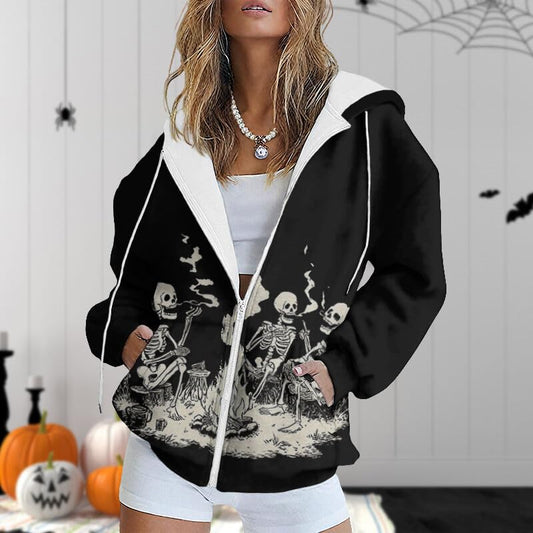 ZOCANIA Women's Sweatshirts Zip Up Hoodie Womens Halloween Long Sleeve Shirts Drawstring Lightweight Hoodies for Women - color: Skull Light Grey, size: X-Large