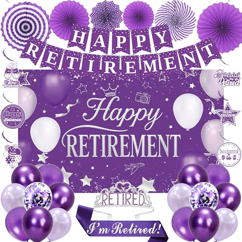 Holkcog Purple Retirement Party Decorations for Women, Silver Purple Happy Retired Banner Backdrop Paper fan Hanging Swirls for Coworker, I'm Retired Sash & Tiara Set, Great for Retiring Women Supply - style: Purple