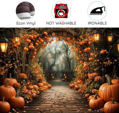 7 x 5 ft Autumn Backdrops Fall Stone Arch Leaves Pumpkin Leaf Path Scenery Photography Background Thanksgiving Yellow Flowers Seasonal Party Photo Studio Props - color: Yellow, size: 7x5ft