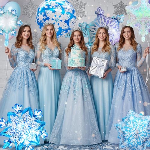 Biapian Snowflakes Balloons Set, Large Snowflake Shaped Foil Balloon, Blue Purple Silver Iridescent Snow Balloons for Ice Snow Princess Themed Birthday Party Decorations Winter New Year Decorations - style: Snowflake
