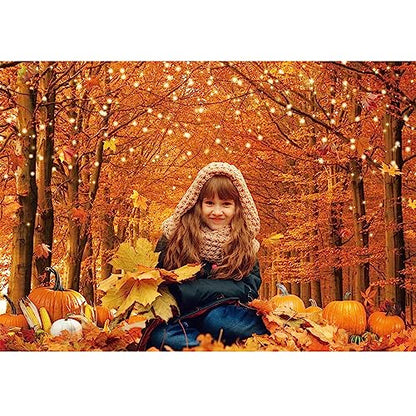 7x5FT Polyester Fall Autumn Photo Backdrop for Photography Autumn Forest Scenery Maple Leaves Pumpkins Background Fall Thanksgiving Day Friendsgiving Party Decorations Fabric - size: 7x5ft