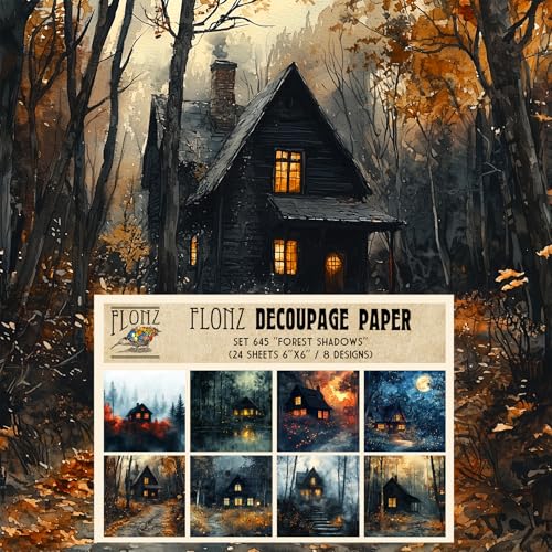 Decoupage Paper Pack (24 Sheets 6"x6") Forest Shadows: Mysterious Woodland Cabins Surrounded by Autumn Foliage and Evening Glow, Creating a Cozy, Enchanted Retreat. # FLONZ Vintage Craft - color: FourtyOne