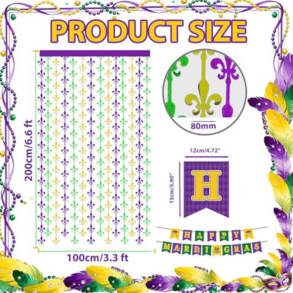 OQOQ Mardigras Decor Backdrops Kit, 2 Pcs Purple Green Gold Fleur De Lis Tinsel Foil Curtains & 1 Set Paper Banner Large Photo Booth Props Carnival Party Fat Tuesday Celebration Supplies - color: Purple Green Gold