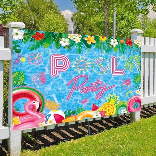 Pool Party Backdrop Summer Beach Ball Decorations Banner Tropical Palm Tree Flower Photography Background Birthday Swimming Party Decor Photo Booth Props (8x6FT（240x180cm）) - size: 8x6FT（240x180cm）