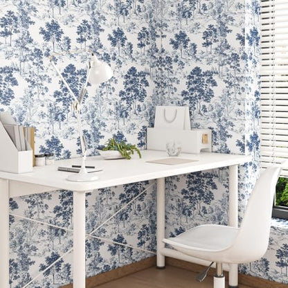 Extra Long Navy Toile Tree Peel and Stick Wallpaper, 17.5In x 393In Toile de Jouy Navy White Design Self-Adhesive Waterproof Wall Paper for Bedroom Kitchen Power Room Vinyl Contact Paper - color: White/Navy, size: 17.5" x 393"