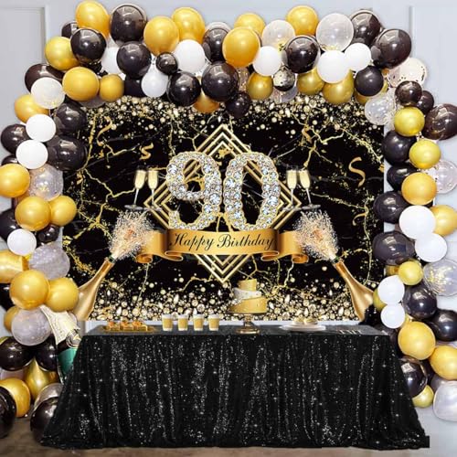 Sensfun Happy 90th Birthday Backdrop Black Gold Glitter Marble Diamond Photography Background Women Men Fabulous 90th Birthday Decorations 90 Years Old Birthday Party Banner Photo Studio Props 8x6ft - size: 8x6ft
