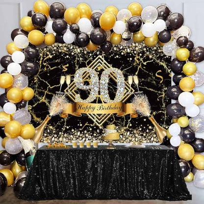 Sensfun Happy 90th Birthday Backdrop Black Gold Glitter Marble Diamond Photography Background Women Men Fabulous 90th Birthday Decorations 90 Years Old Birthday Party Banner Photo Studio Props 10x7ft - size: 10x7ft
