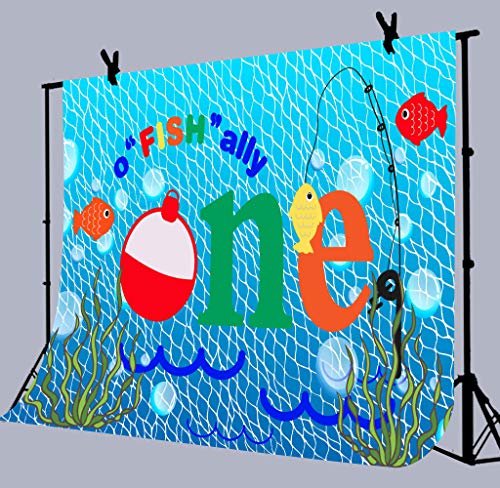 Gone Fishing 1st Birthday Party Photography Backdrop, 9x6FT, O Fish Ally Blue Fishing Nets Bubbles Background, Photo Booth Studio Props LYLU1179 - size: vinyl-9x6ft