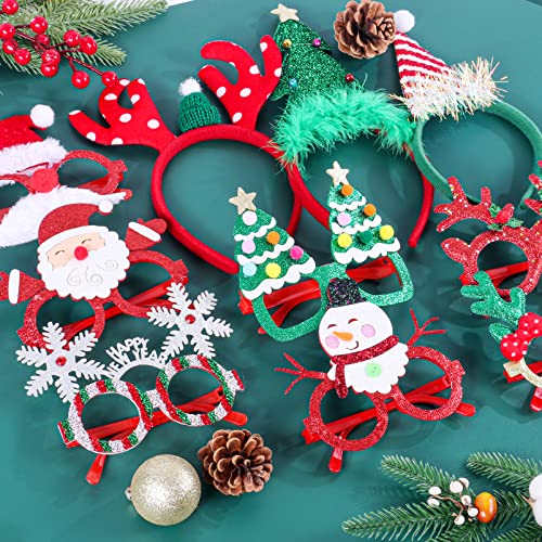 Atonofun Christmas Party Favors, 16 Pcs Glittered Headbands and Glasses Frames Set With Assorted Design for Party Supplies, Gifts for Adults Kids