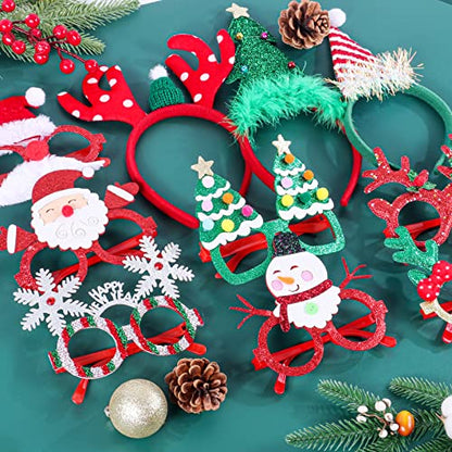 Atonofun Christmas Party Favors, 16 Pcs Glittered Headbands and Glasses Frames Set With Assorted Design for Party Supplies, Gifts for Adults Kids