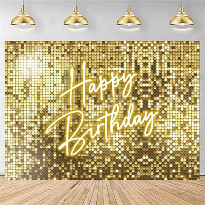 Withu Golden Flash Square Happy Birthday Backdrop for Photography Neon Glitter Gold Sequins Stars Shimmer Wall Cake Table Decorations Background Theme Bday Party Decor Banner 6x4ft - size: 6x4ft