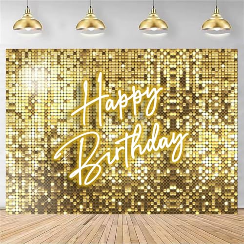 Withu Golden Flash Square Happy Birthday Backdrop for Photography Neon Glitter Gold Sequins Stars Shimmer Wall Cake Table Decorations Background Theme Bday Party Decor Banner 8x6ft - size: 8x6ft