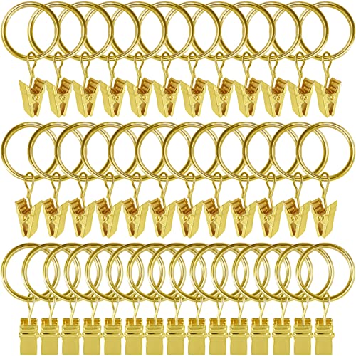 WeeksEight 100 Pack Gold Curtain Rings with Clips, Curtain Hooks Hangers Clip Rings for Hanging Drapes Bows Hat, Drapery Rings 1 in I D, Fits up to 5/8 in Diameter Curtain Rod. - color: Gold, size: 1" I D Set of 100