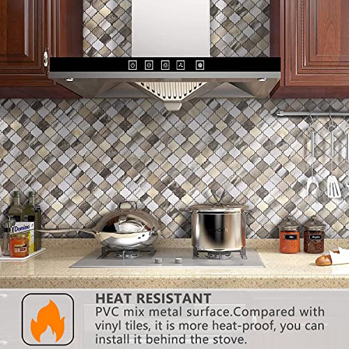 STICKGOO Arabesque Peel and Stick Backsplash Tile, Stick on Backsplash for Kitchen and Bathroom, Gold Wood Grain Marble Look PVC Mixed Metal Aluminum Mosaic Tiles(10 Sheets) - color: Gold Wood Grain Marble