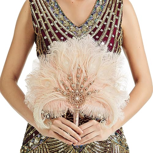 BABEYOND Vintage Bridal Feather Bouquet 1920s Ostrich Feather Fan Crystal Bridesmaid Bouquet 20s Gatsby Wedding Bouquet Flapper Accessories (Light Purple) - color: Light Purple